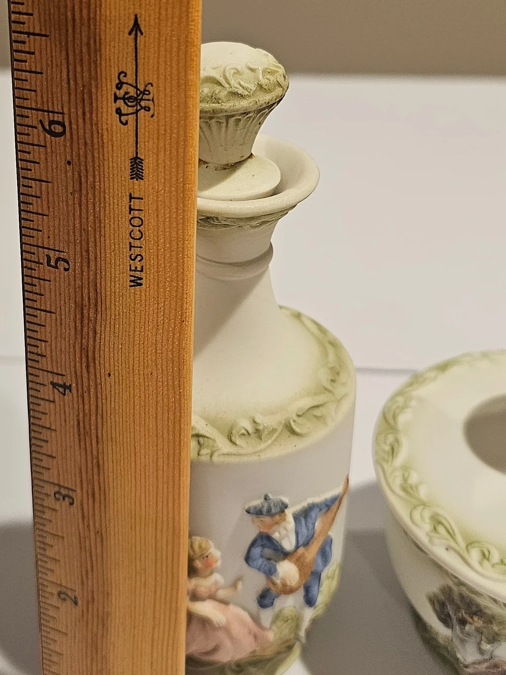 Decorative Porcelain Vanity Bottle and Covered Jar - Cream and Green
